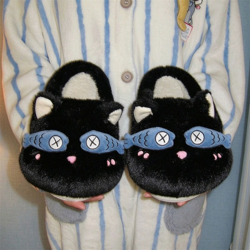 Black winter fish eye mask cute cat slippers aesthetic warm plush house shoes