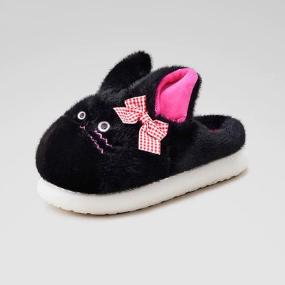 Black winter plush bow cat slippers eva sole indoor house shoes