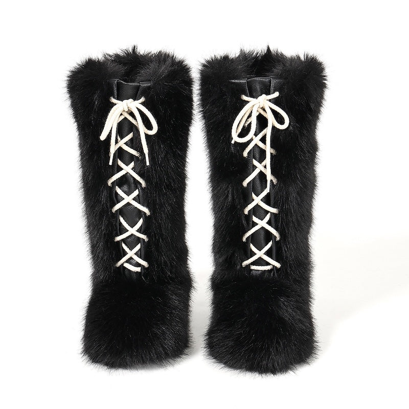 Black winter y2k lace-up faux fur mid-calf boots pvc sole footwear