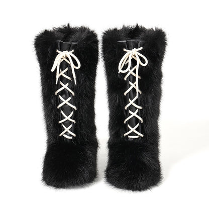 Black winter y2k lace-up faux fur mid-calf boots pvc sole footwear