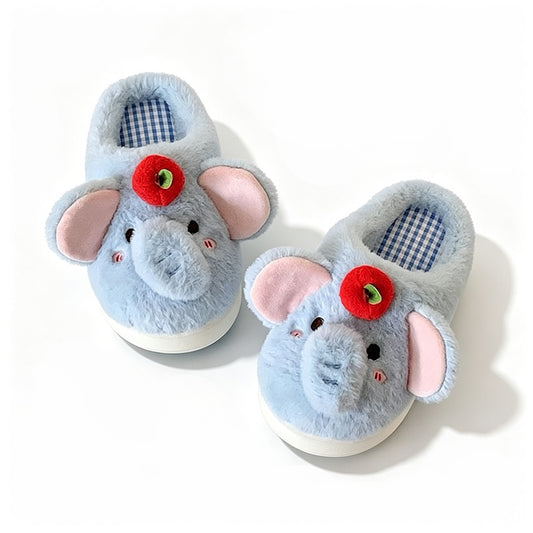 Blue plush elephant slippers with large pink ears and a red apple top decoration, cozy indoor footwear with EVA sole