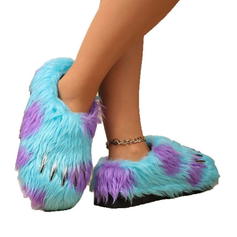 Blue winter blue purple y2k claw slippers faux fur pvc sole indoor outdoor shoes