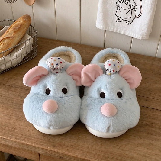 Blue winter cute chef hat mouse slippers aesthetic warm plush house shoes