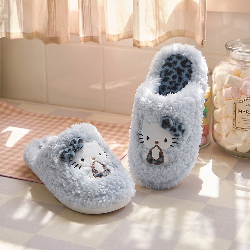 Blue winter leopard bow cute hello kt cat slippers aesthetic warm plush house shoes