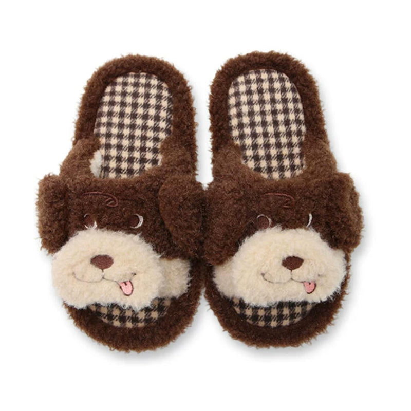 Brown cute cartoon open toe dog plush slippers eva sole indoor shoes