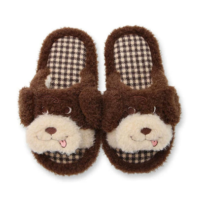 Brown cute cartoon open toe dog plush slippers eva sole indoor shoes