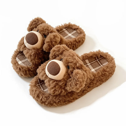 Brown fluffy bear face slippers with a large cream snout and brown plaid footbed, durable PVC sole indoor footwear