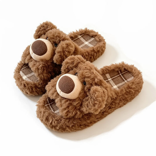 Brown fluffy bear face slippers with a large cream snout and brown plaid footbed, durable PVC sole indoor footwear