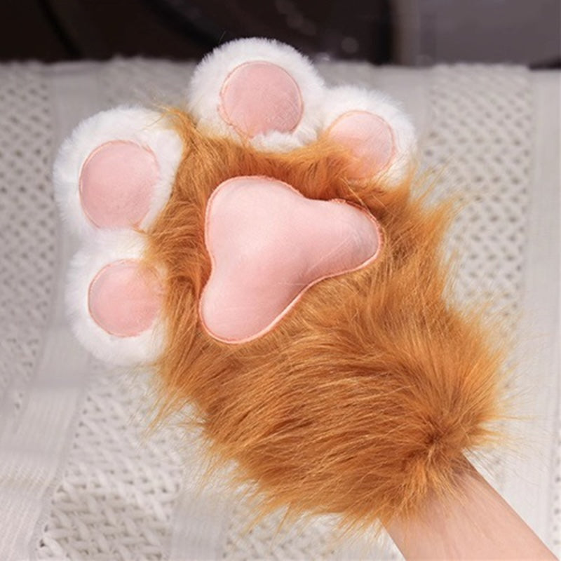 Brown long-pile fur cat paw performance gloves with a detailed heart-shaped pink pad, cozy fabric lined theatrical mitts