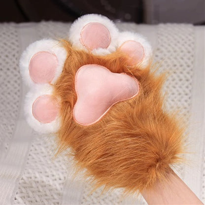 Brown long-pile fur cat paw performance gloves with a detailed heart-shaped pink pad, cozy fabric lined theatrical mitts