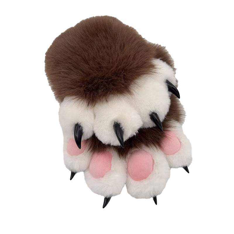 Brown paw pad furry cosplay gloves with ultra-long white fur and three curved claw accents, comfortable plush hand accessories