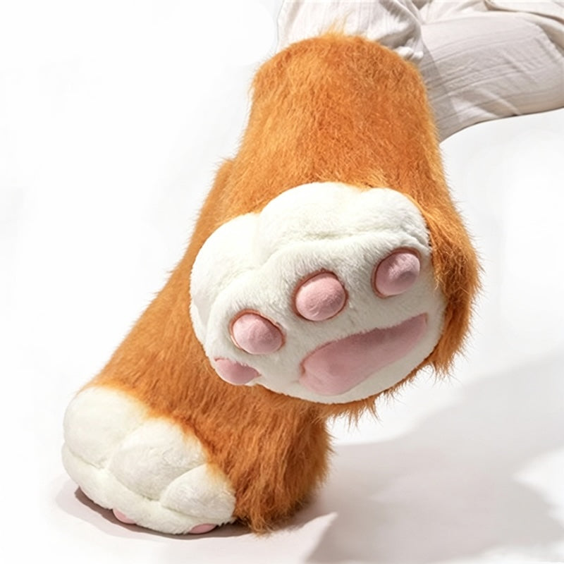 Brown plush animal paw cosplay boots with oversized pink main pad details, soft fabric lined tall shoes with suede bottom