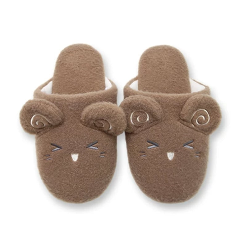 Brown plush sheep slippers with pink spiral ears and a peaceful closed-eye face, silent fabric sole indoor shoes
