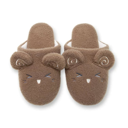 Brown plush sheep slippers with pink spiral ears and a peaceful closed-eye face, silent fabric sole indoor shoes