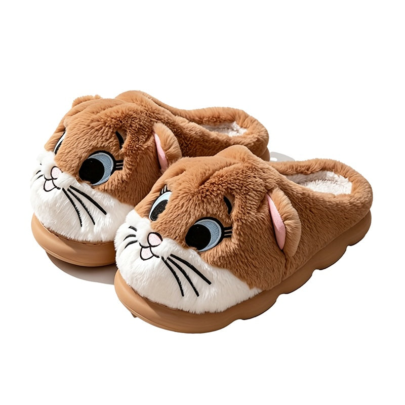 Brown plush slippers featuring a cat face design with pink nose and long whisker details, soft indoor home shoes with EVA sole