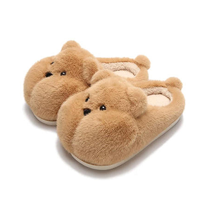Brown round bear character plush slippers designed with glossy black eyes and a tiny nose, lightweight home footwear with PVC sole
