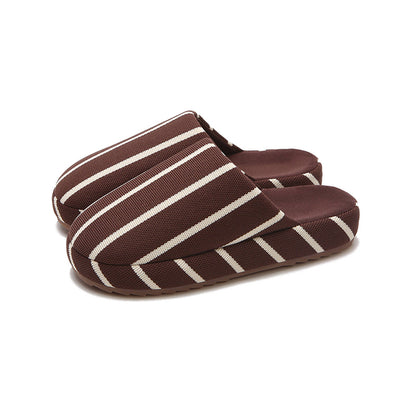 Brown striped linen slippers with woven texture and dark brown lining, indoor shoes with TPR sole
