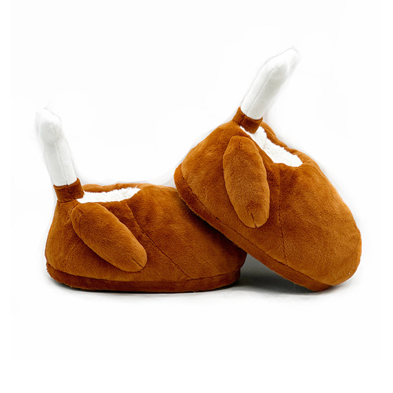 Brown turkey leg shaped indoor slippers with a white fabric bone accent and plush hanging wings, lightweight non-waterproof fabric sole holiday footwear