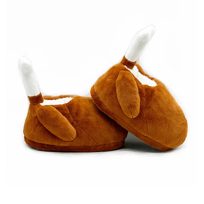 Brown turkey leg shaped indoor slippers with a white fabric bone accent and plush hanging wings, lightweight non-waterproof fabric sole holiday footwear