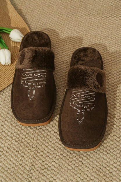 Brown western cowgirl slippers aesthetic warm plush house shoes
