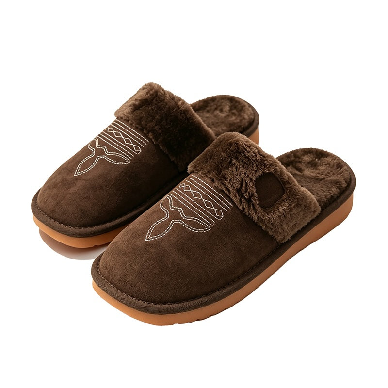 Brown western style faux suede slippers with wavy embroidery and fluffy white trim, lightweight indoor footwear with EVA sole