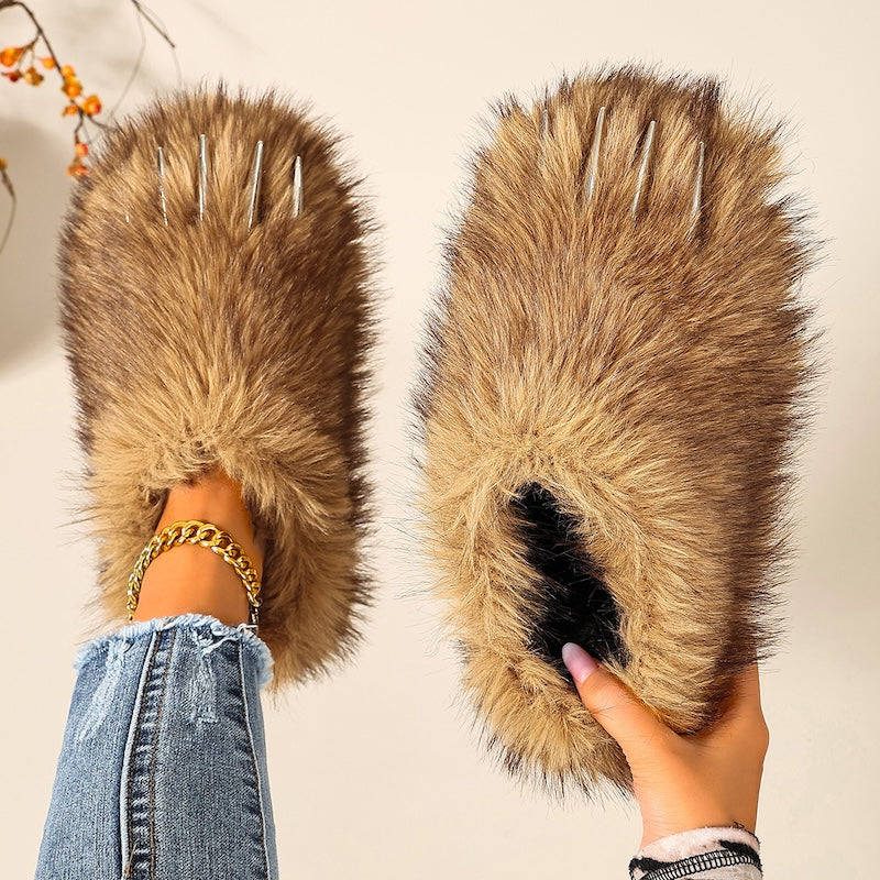 Brown winter Cute Cartoon Faux Fur Metal Claw Slippers