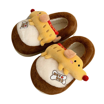 Brown winter closed back faux fur hot dog slippers eva sole indoor shoes
