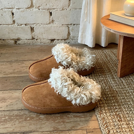 Brown winter cozy faux suede slippers aesthetic warm fluffy house shoes