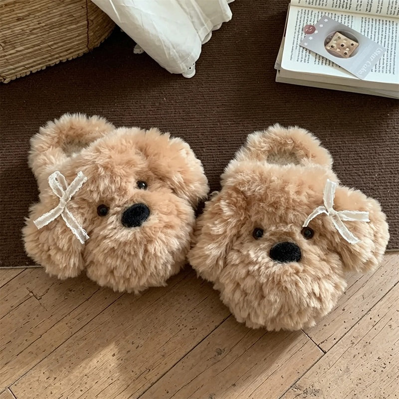Brown winter cute bichon dog slippers aesthetic warm plush house shoes
