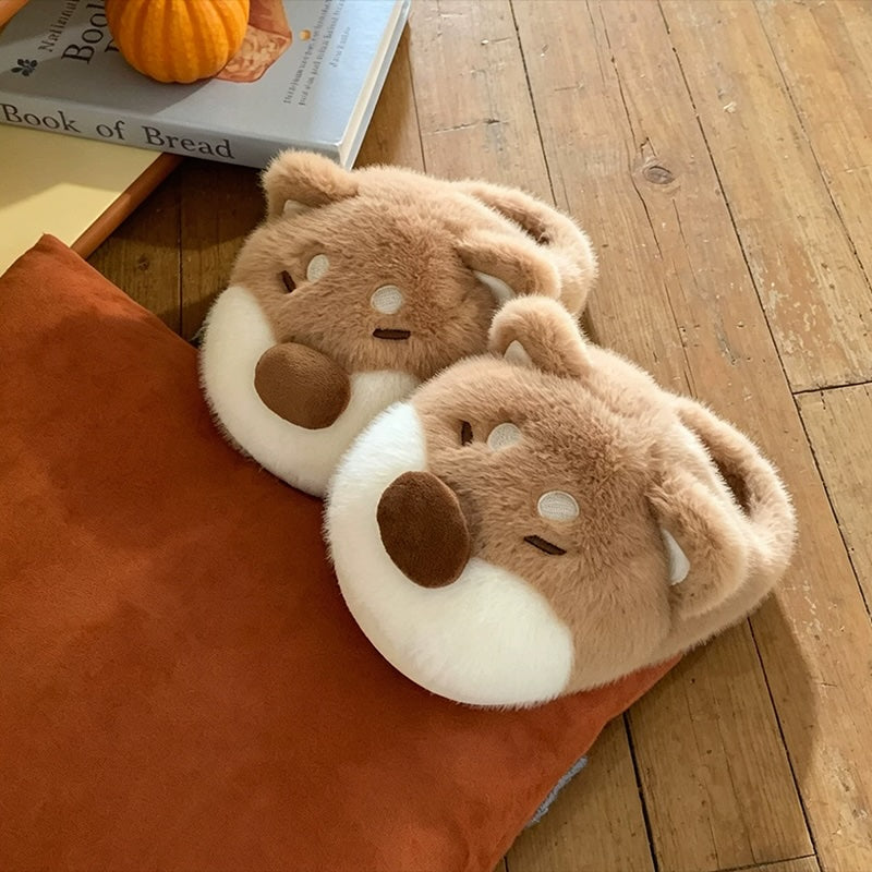 Brown winter cute big nose shiba dog slippers aesthetic warm plush house shoes