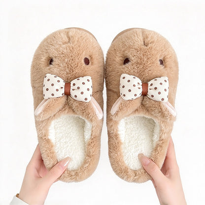 Brown winter cute bow bunny slippers aesthetic warm plush house shoes