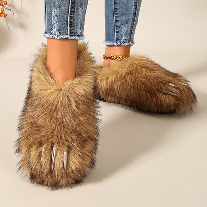Brown winter cute cartoon y2k faux fur metal claw slippers