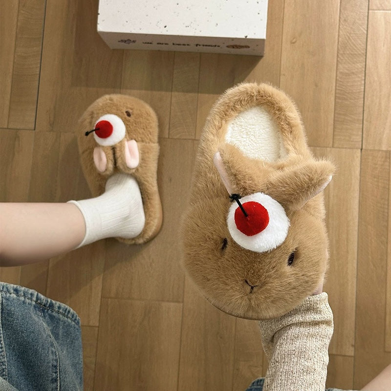 Brown winter cute cherry bunny slippers aesthetic warm plush house shoes