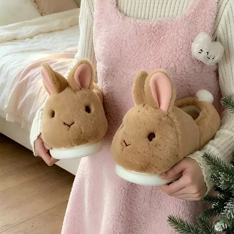 Brown winter cute closed back bunny slippers aesthetic plush house shoes