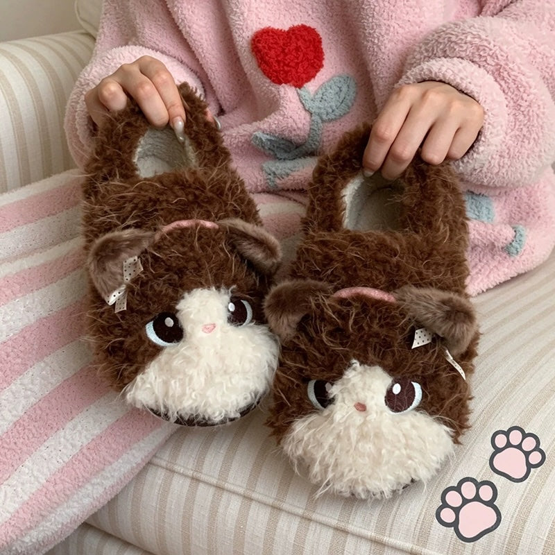 Brown winter cute closed back cat slippers aesthetic warm plush house shoes