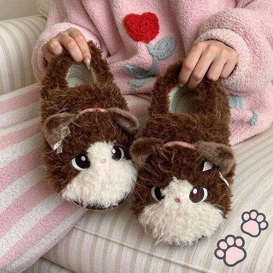 Brown winter cute closed back cat slippers aesthetic warm plush house shoes