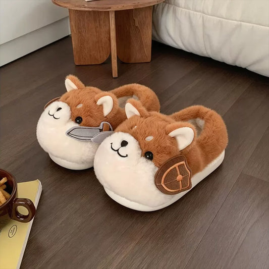 Brown winter cute closed back dog slippers aesthetic warm plush house shoes