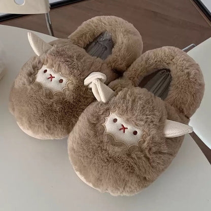 Brown winter cute closed back sheep slippers aesthetic warm plush house shoes
