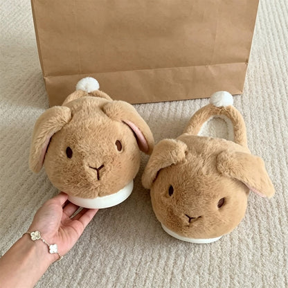 Brown winter cute floppy ear bunny slippers aesthetic warm plush house shoes