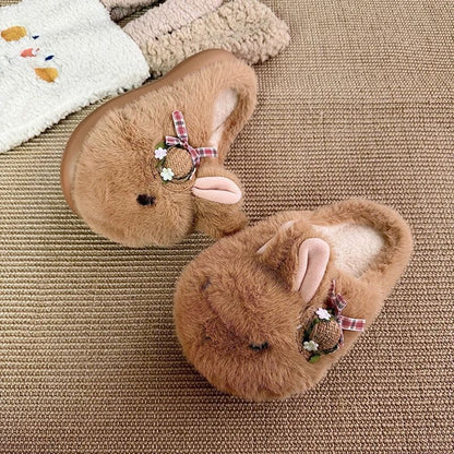 Brown winter cute straw hat bunny slippers aesthetic warm plush house shoes
