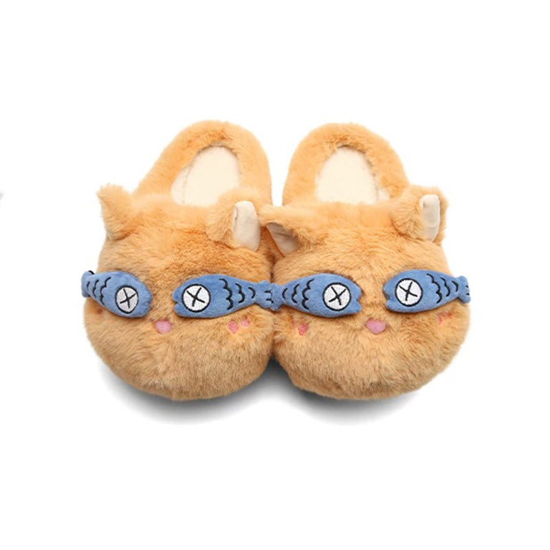 Brown winter fish eye mask cute cat slippers aesthetic warm plush house shoes