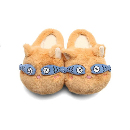 Brown winter fish eye mask cute cat slippers aesthetic warm plush house shoes