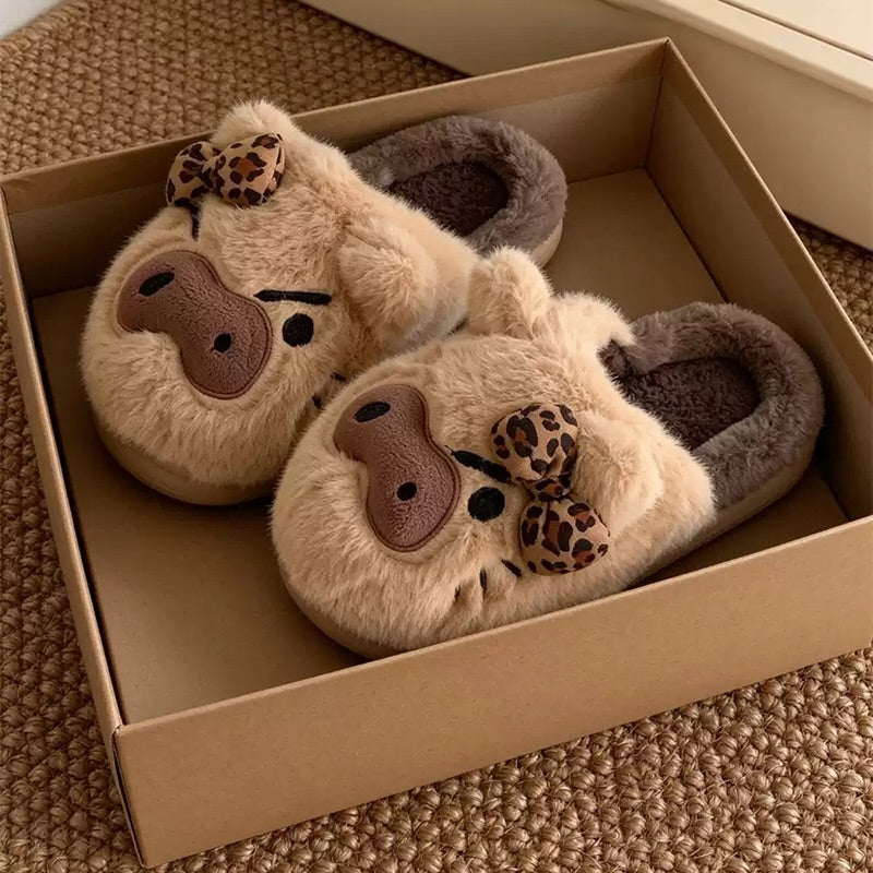 Brown winter leopard bow cute pig slippers aesthetic warm plush house shoes