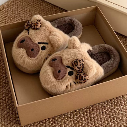 Brown winter leopard bow cute pig slippers aesthetic warm plush house shoes