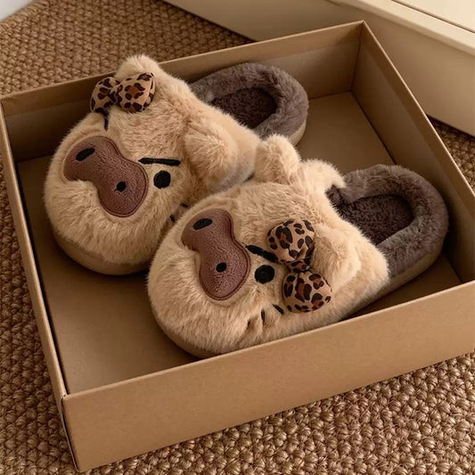 Brown winter leopard bow cute pig slippers aesthetic warm plush house shoes