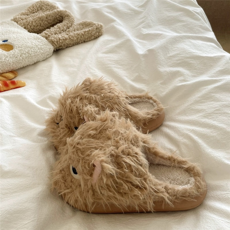 Brown winter plush expression cat slippers eva sole indoor house shoes