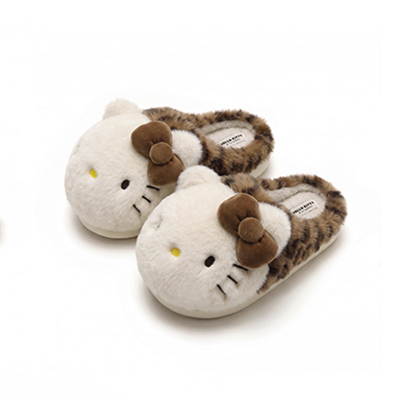 Brown winter print bow hello kt cute cat slippers aesthetic warm plush house shoes