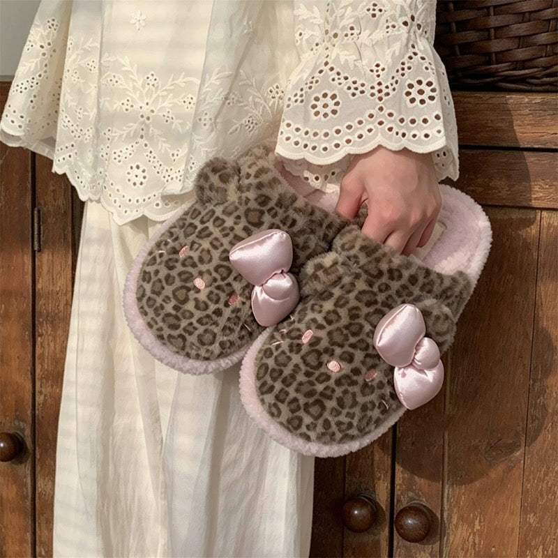 Brown winter satin bow cute hello kt cat slippers aesthetic warm plush house shoes