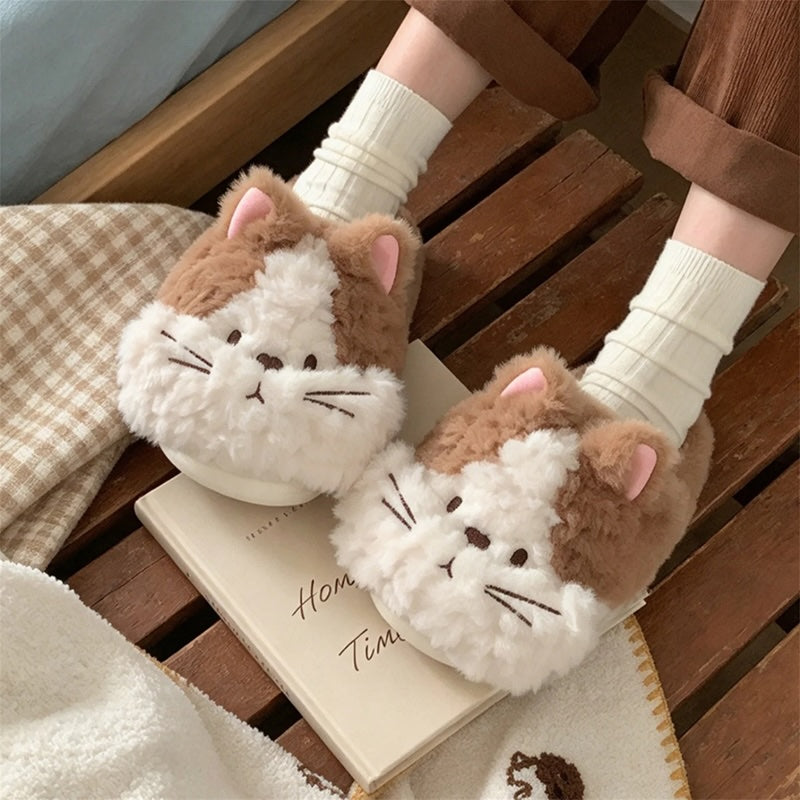 Brown winter two tone fluffy cat slippers aesthetic warm plush house shoes