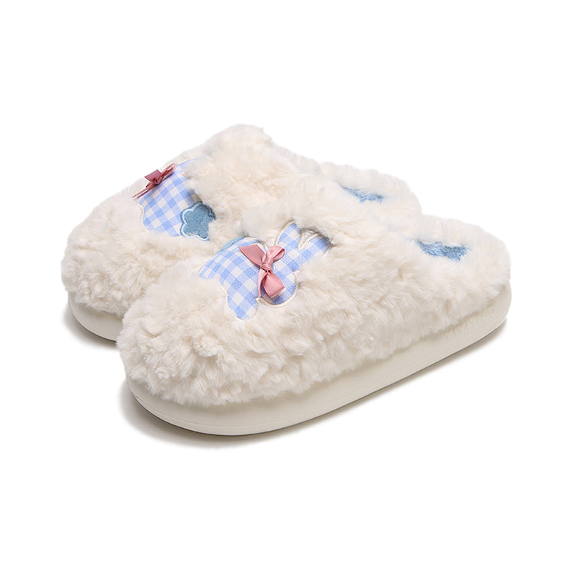 Cute White bunny plush slippers with blue gingham bows and straps, fuzzy indoor shoes with EVA sole